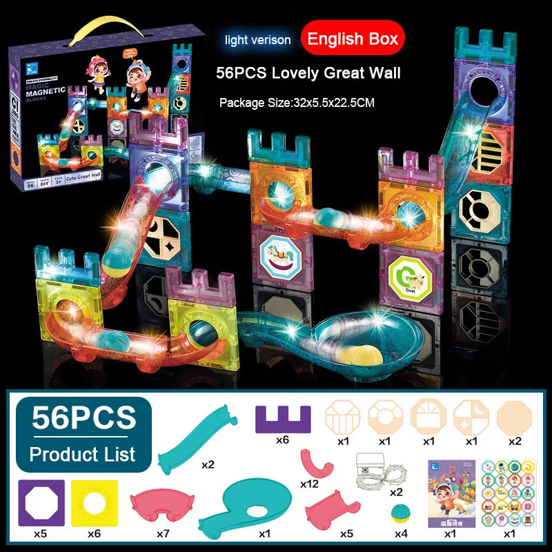 Magnetic Tiles Ball Run Set - LED - 56 Pieces