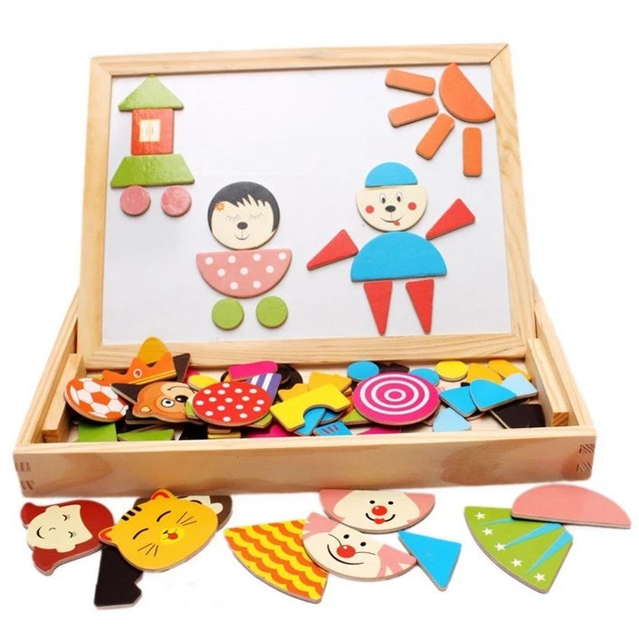 Magnetic Wooden Double-Sided Art Easel Black Board Puzzle with Storage Box