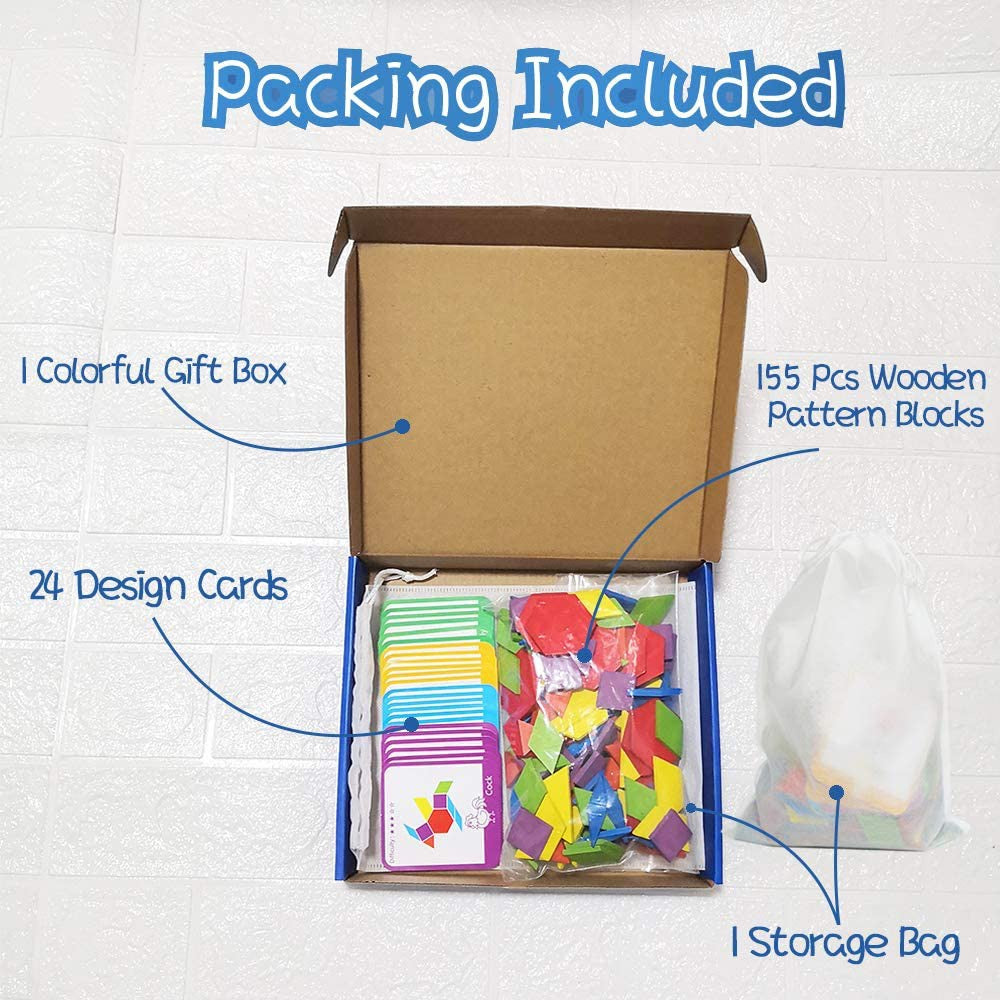 Wooden Pattern Blocks Set - 155 Pieces