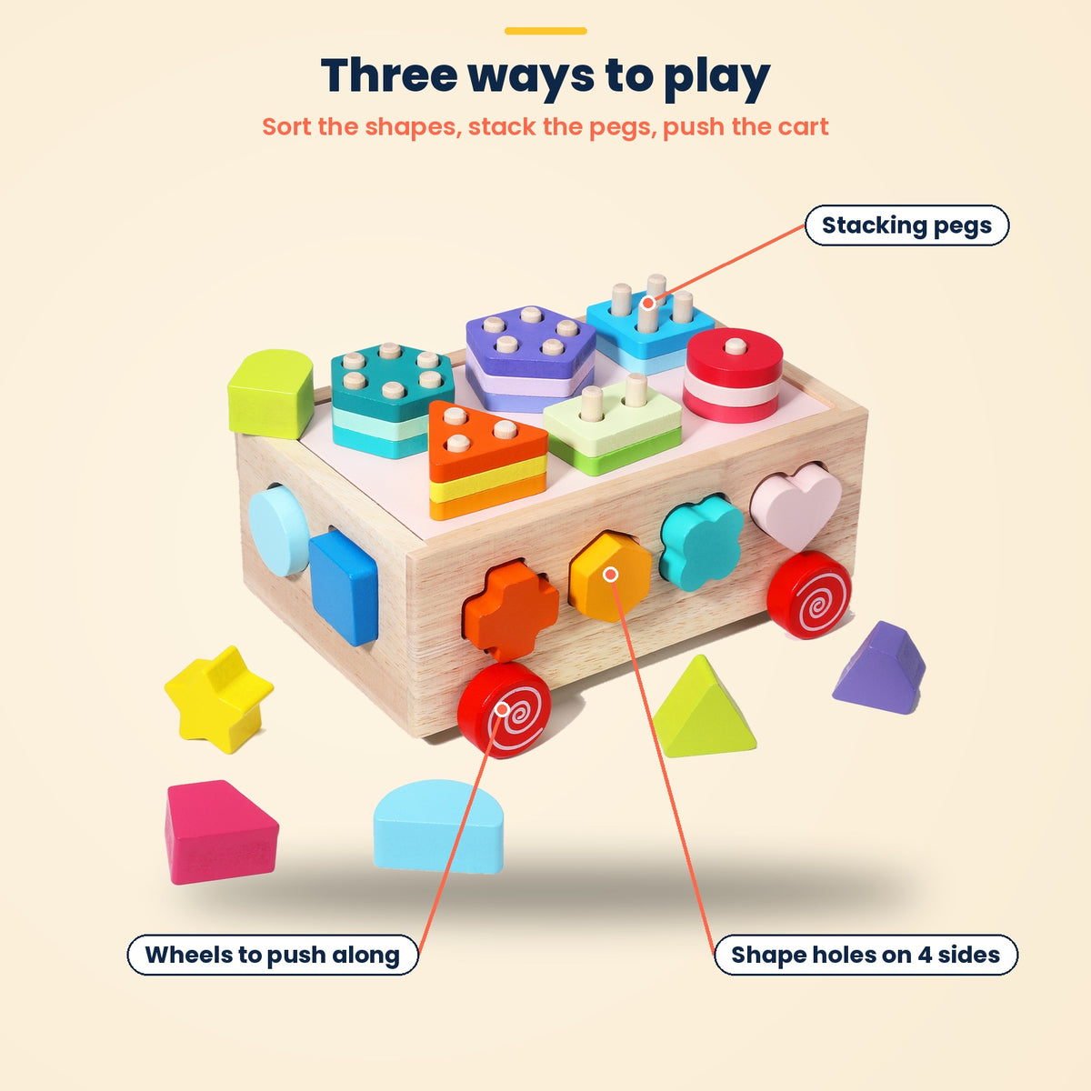 Wooden shape sorter – three ways to play: sort the shapes, stack the pegs, push the cart