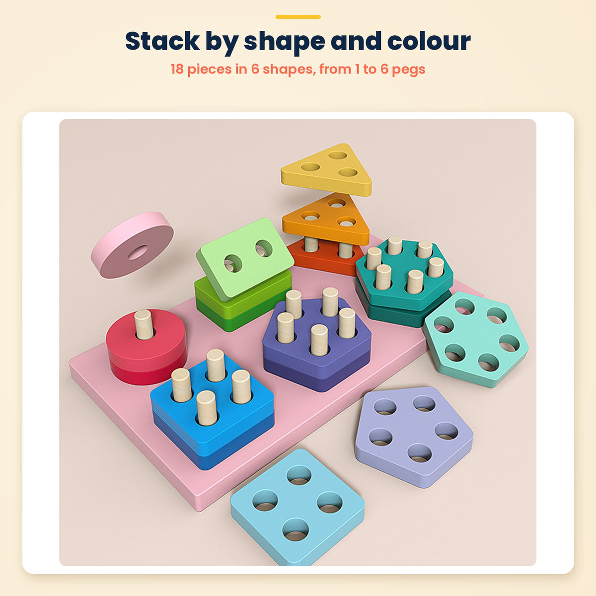 Wooden shape sorter – 18 stacking pieces in 6 shapes