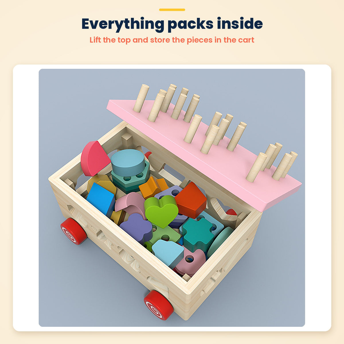 Wooden shape sorter – lift the top and store every piece inside