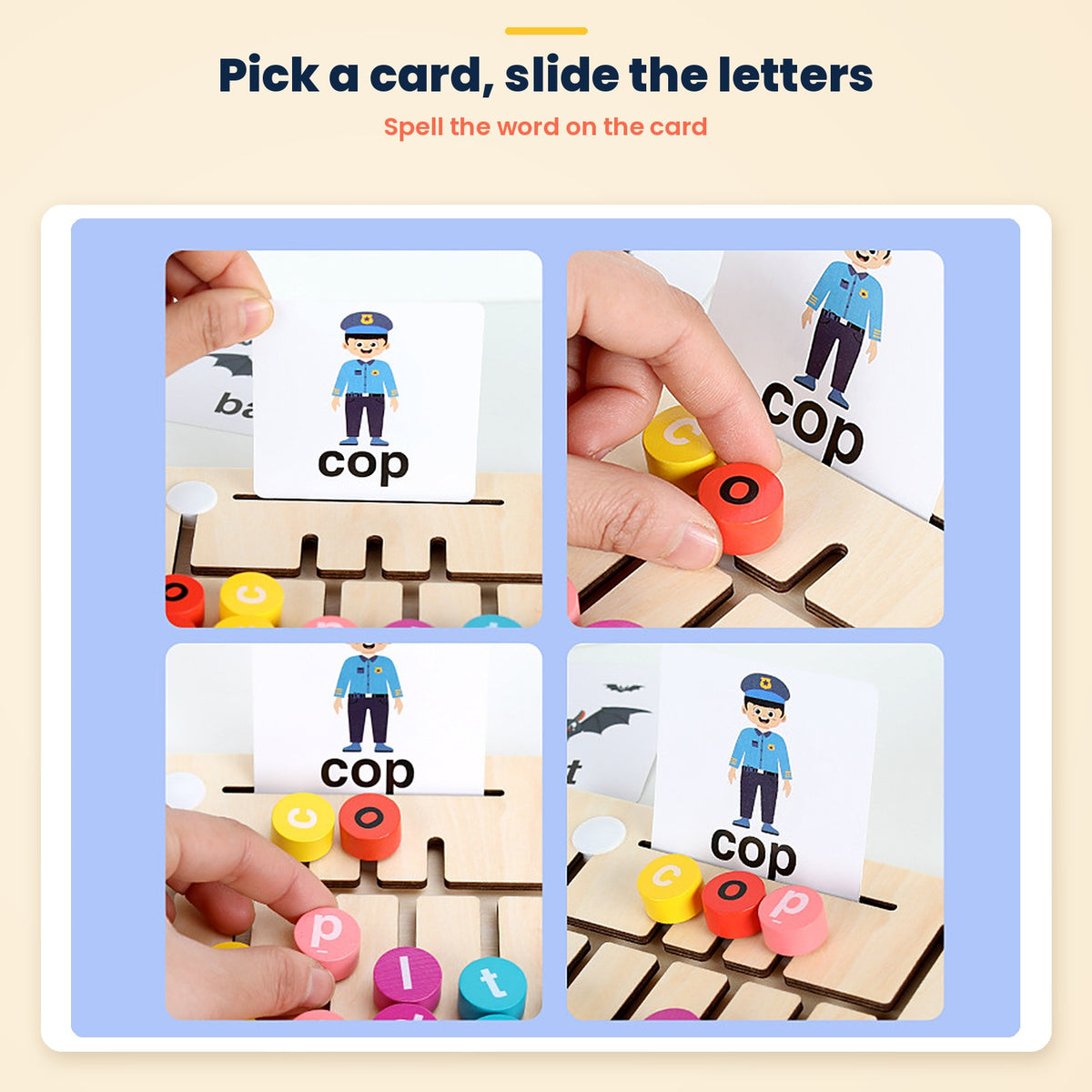 Vowel Letter Walk wooden spelling game – pick a card and slide the letters
