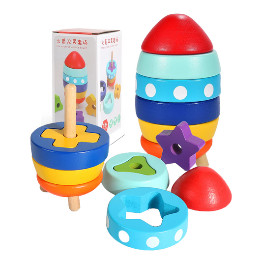 Wooden Shape Sorting and Stacking Rocket Tower
