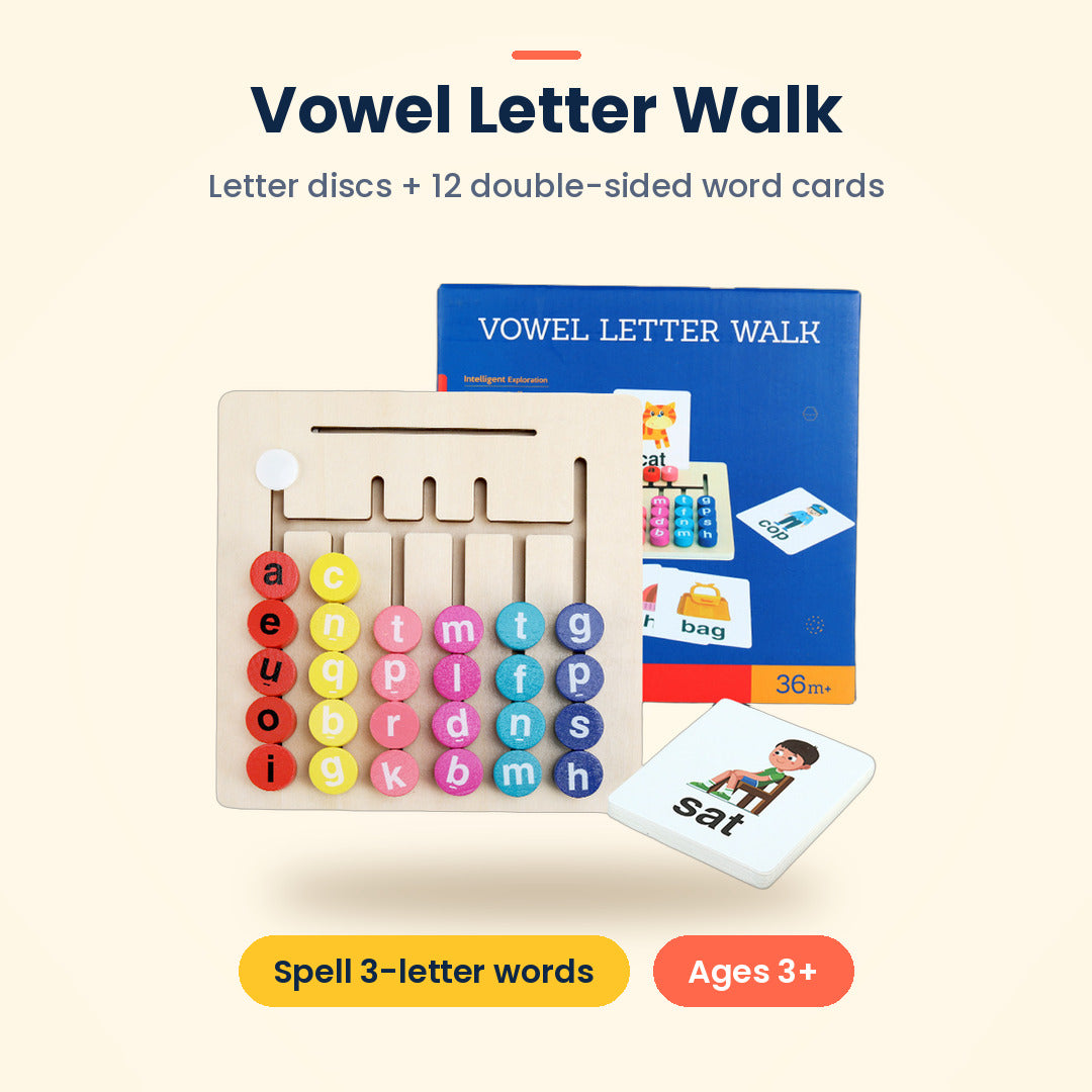 Vowel Letter Walk: Wooden Spelling Maze Board with 12 Double-Sided Word Cards, Ages 3+