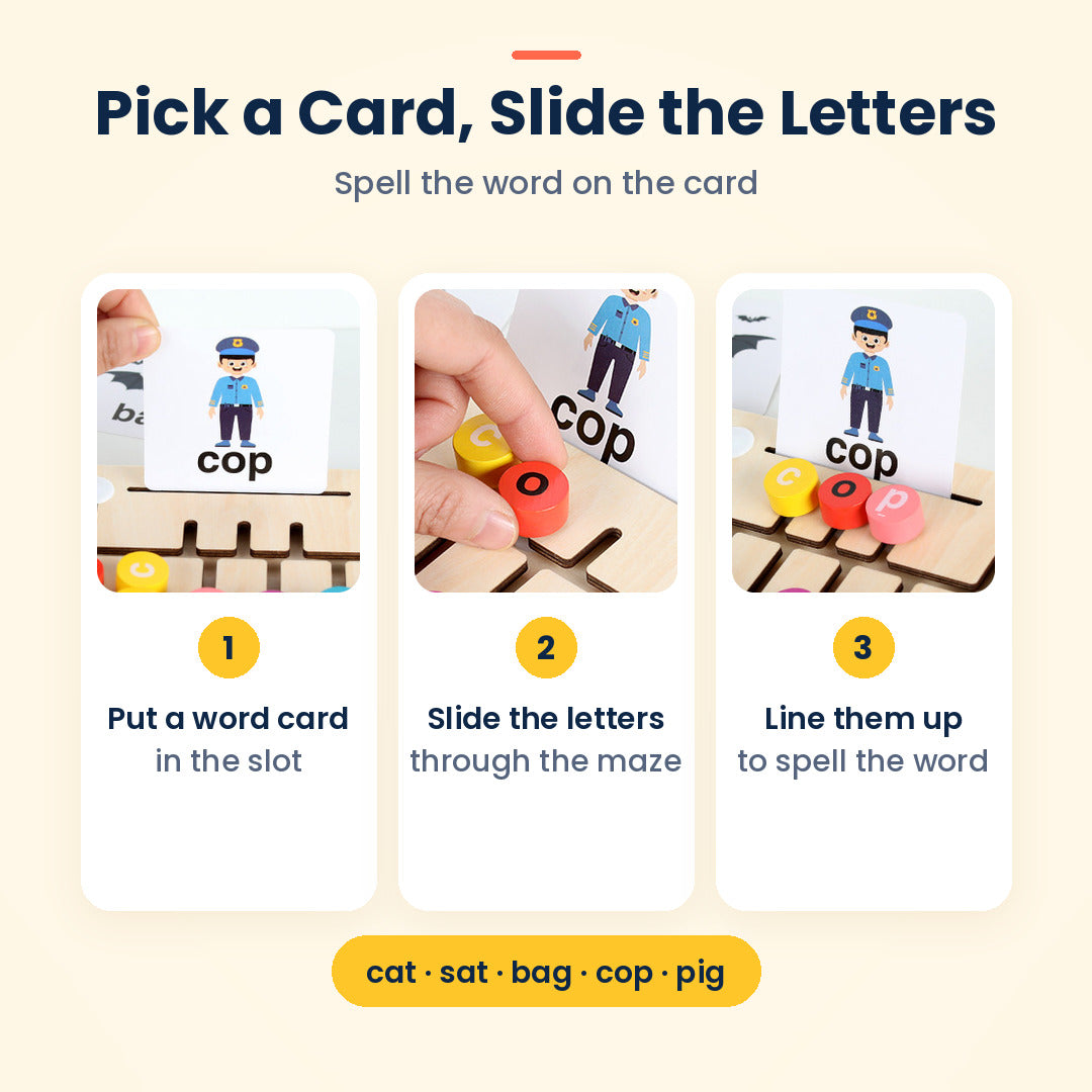 Vowel Letter Walk: Wooden Spelling Maze Board with 12 Double-Sided Word Cards, Ages 3+