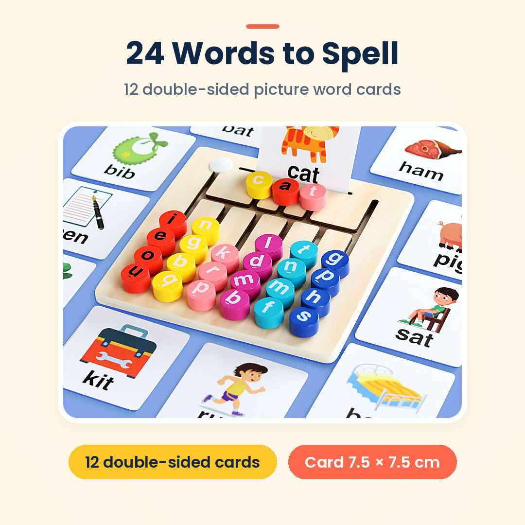 Vowel Letter Walk: Wooden Spelling Maze Board with 12 Double-Sided Word Cards, Ages 3+