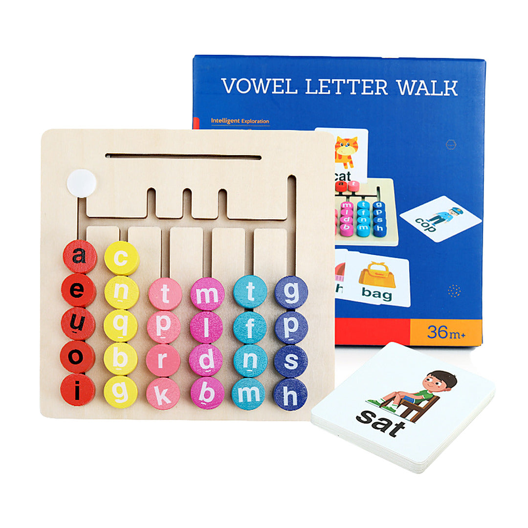 Vowel Letter Walk: Wooden Spelling Maze Board with 12 Double-Sided Word Cards, Ages 3+