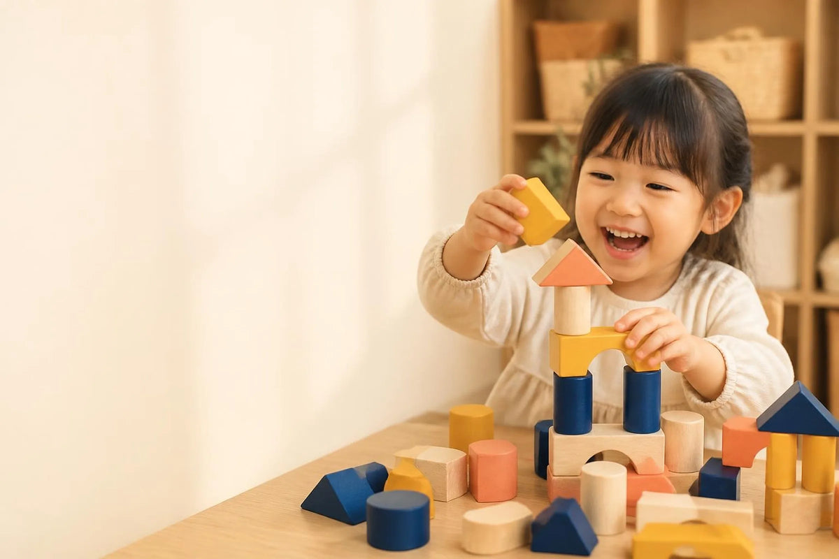 Young child stacking colourful wooden blocks in a warm playroom.