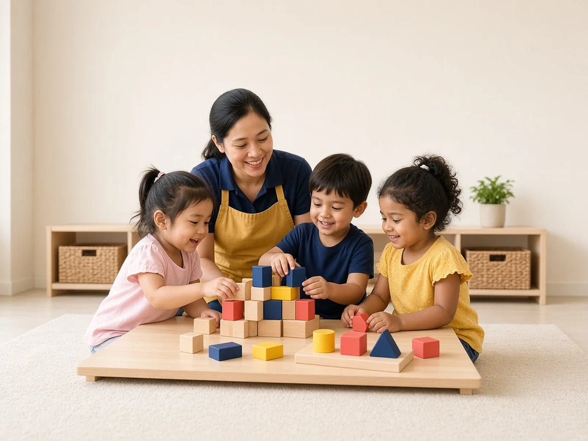 A teacher in an apron and three children of different ethnicities building with wooden blocks and a shape sorter at a low table in a bright childcare playroom