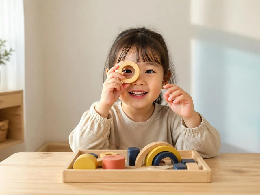 Young girl looking through a wooden ring beside a tray of colourful wooden shapes
