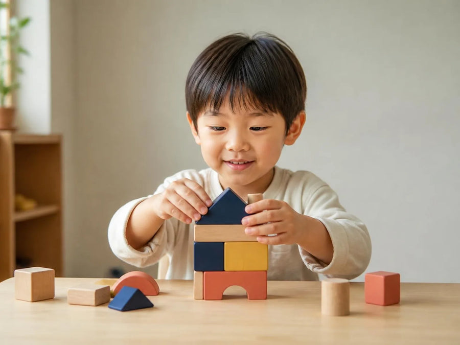 Child placing a roof block on a small house built from wooden blocks