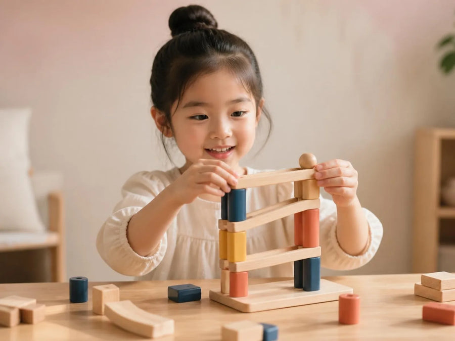 Girl building a wooden ramp tower with a wooden ball at the top