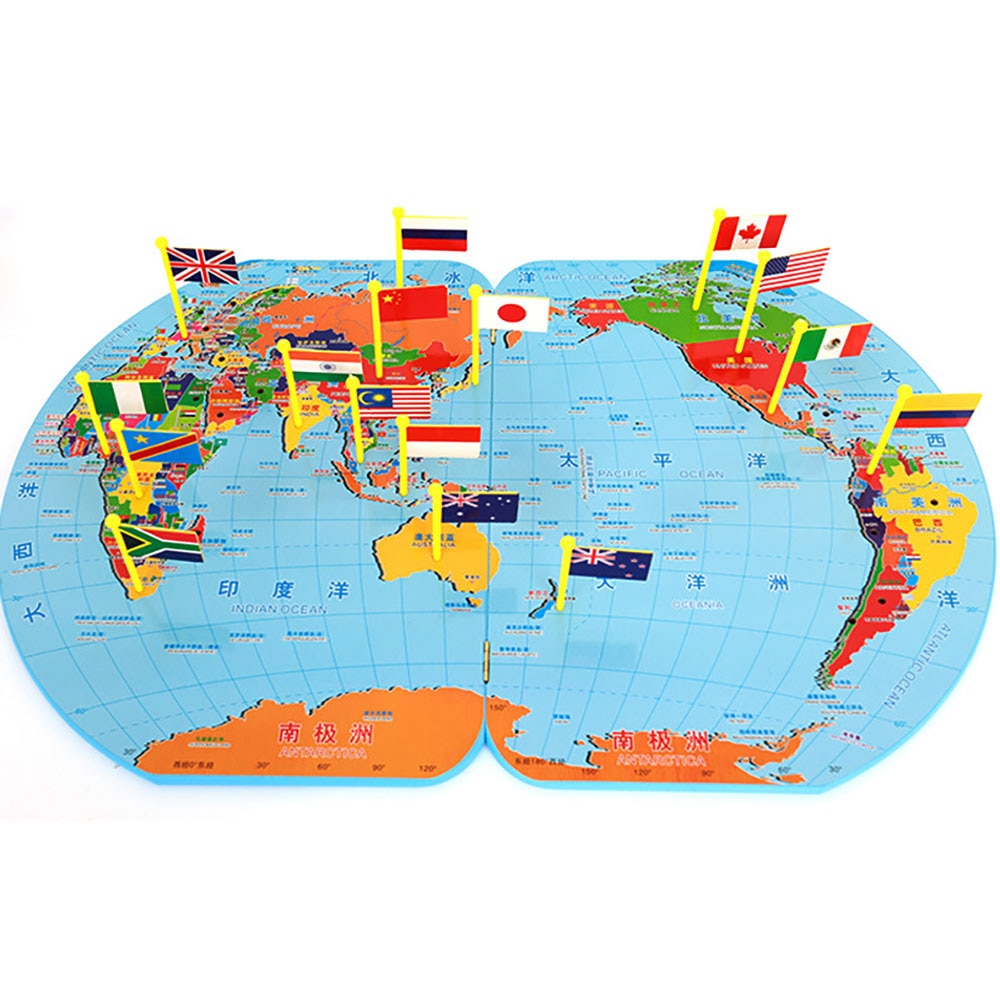 Wooden World Map Board With Country Flags Puzzle - XL