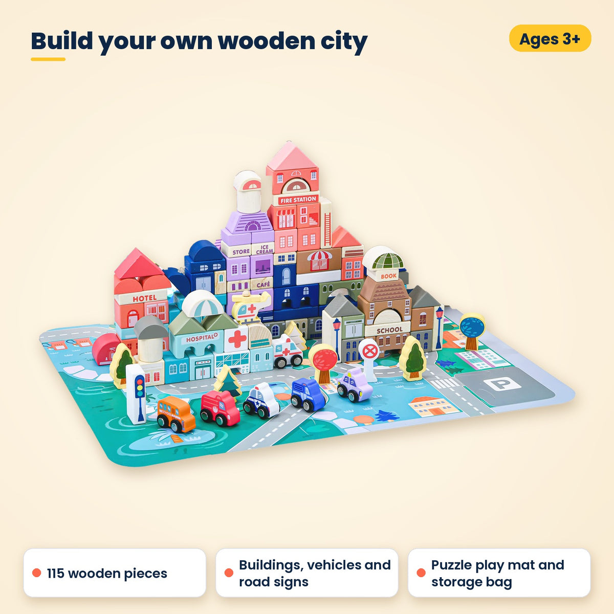 Wooden city building blocks set – 115 pieces with puzzle play mat, ages 3+
