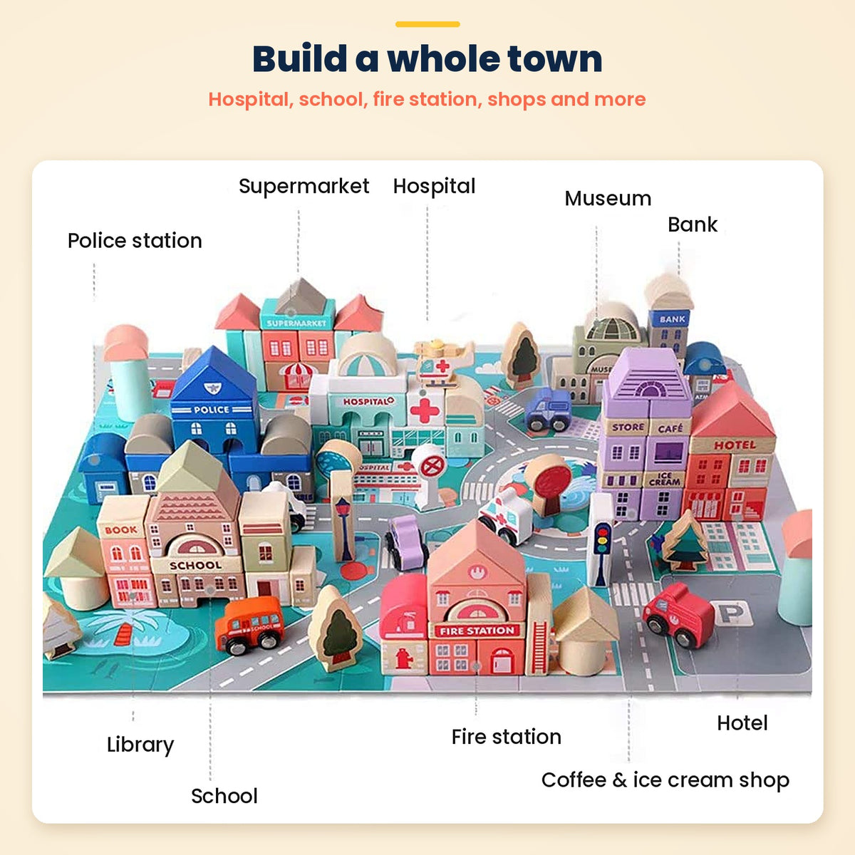 Wooden city building blocks – build a whole town with hospital, school, fire station and shops