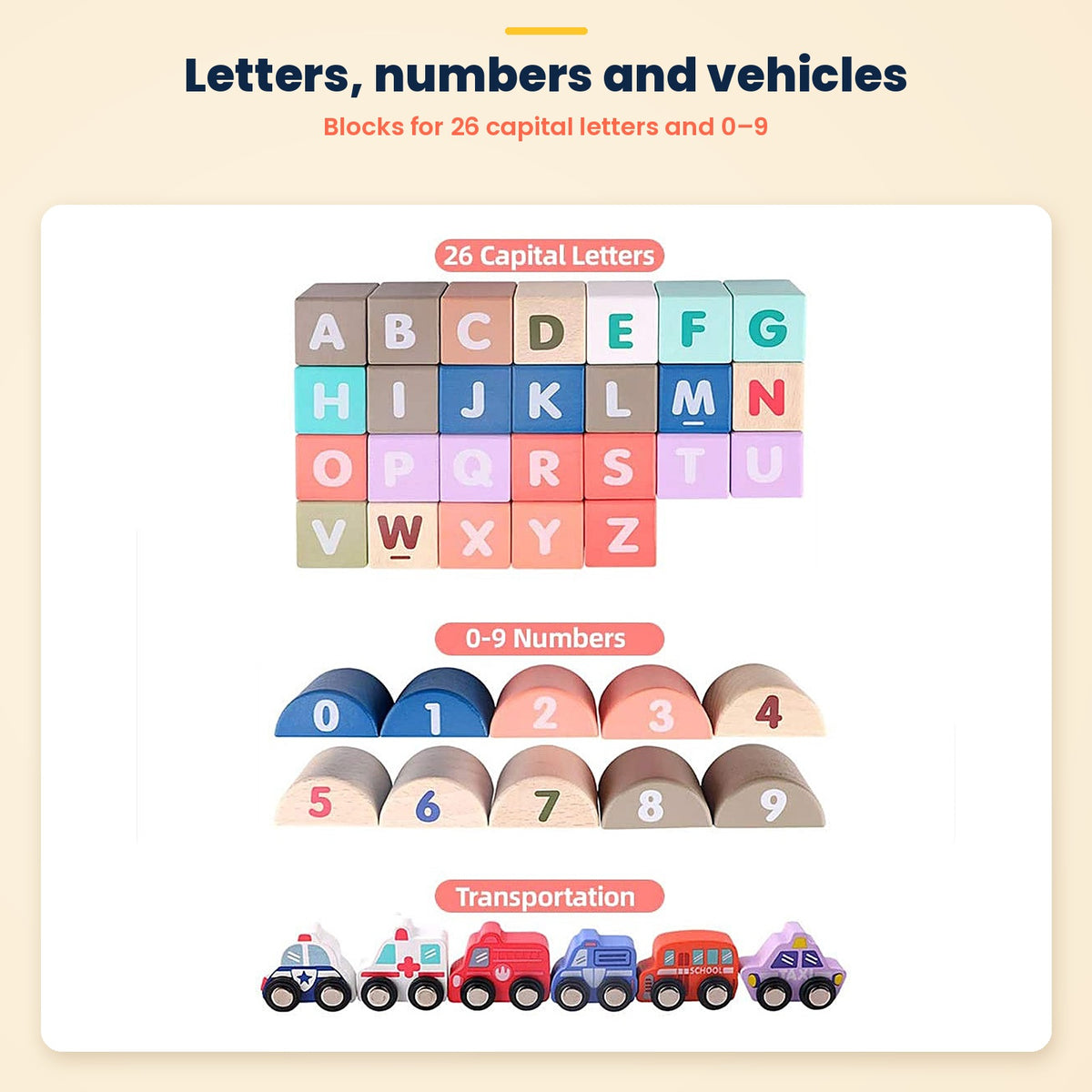 Wooden city building blocks – letter, number and vehicle blocks