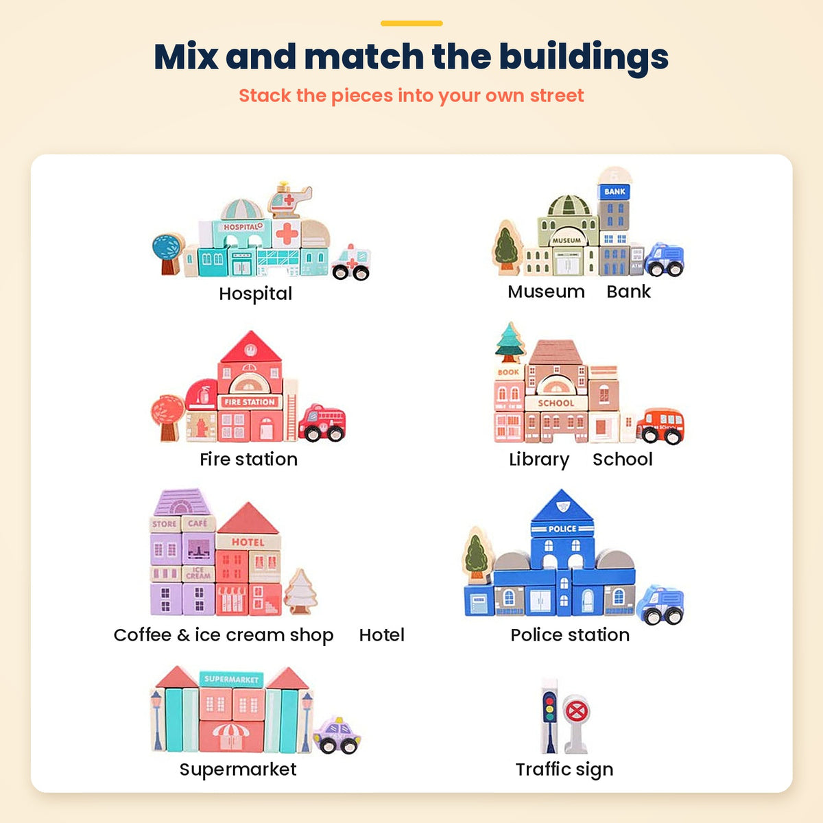 Wooden city building blocks – mix and match the buildings