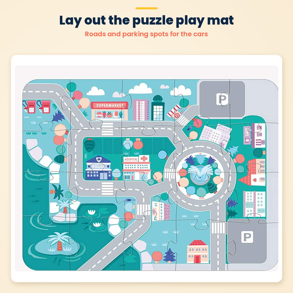 Wooden city building blocks – puzzle play mat with roads and parking spots