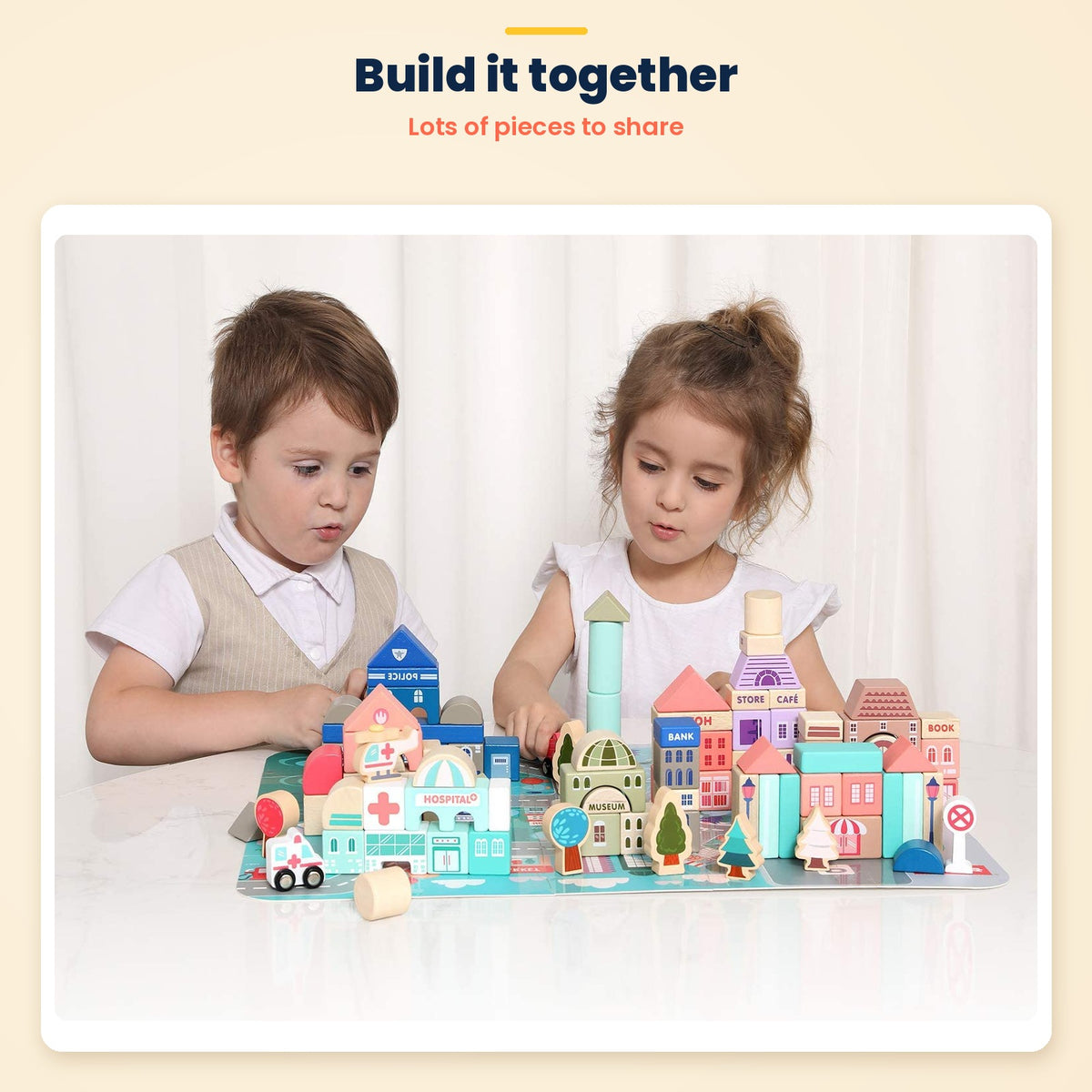 Wooden city building blocks – kids building a city together