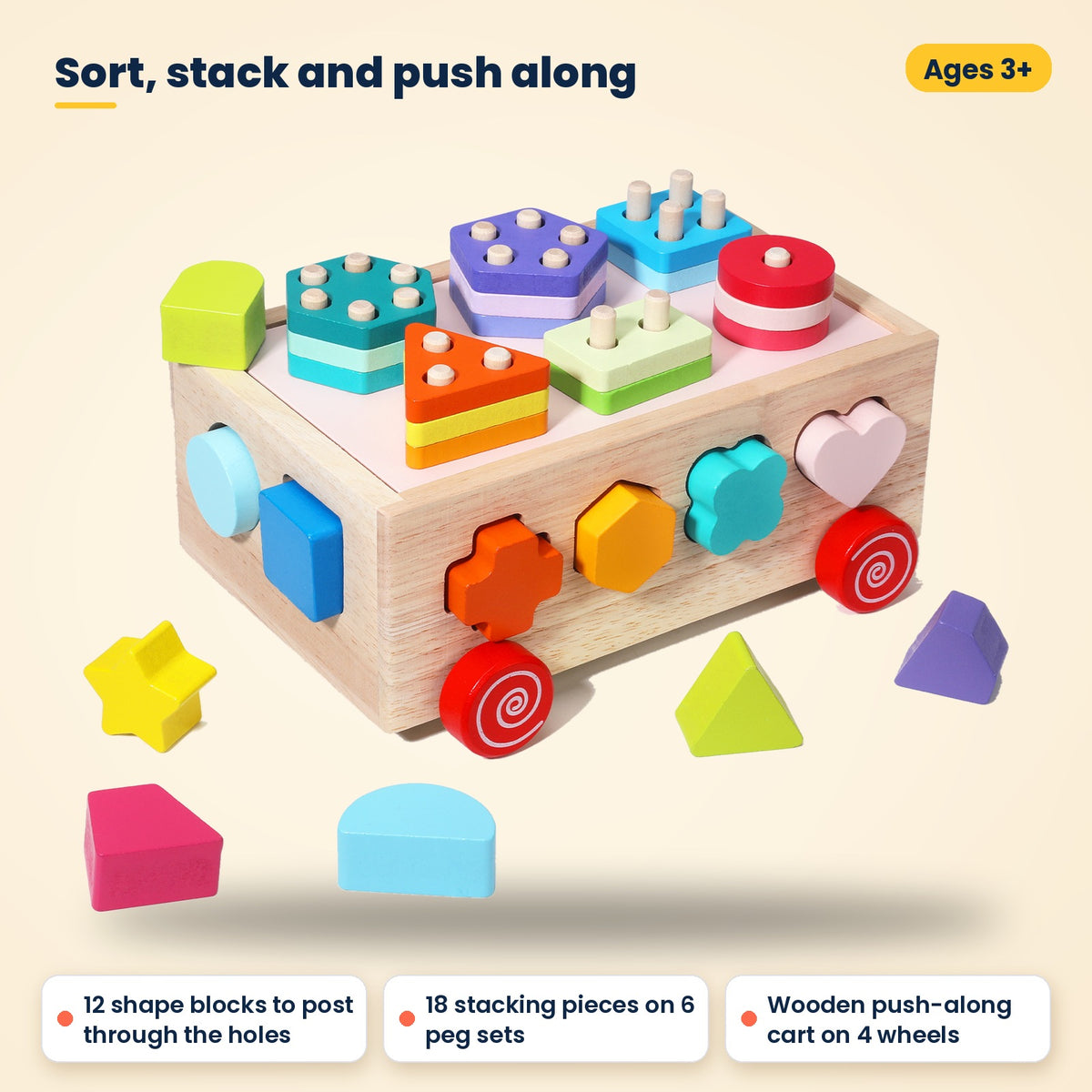 Wooden shape sorter – sort, stack and push-along cart, ages 3+