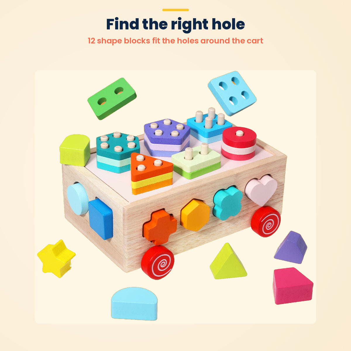 Wooden shape sorter – 12 shape blocks fit the holes around the cart