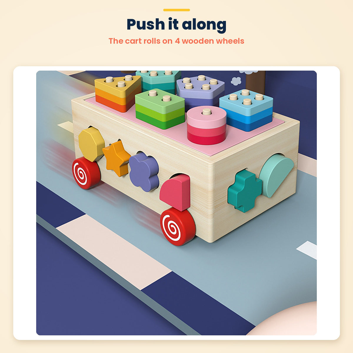 Wooden shape sorter – rolls along on 4 wooden wheels