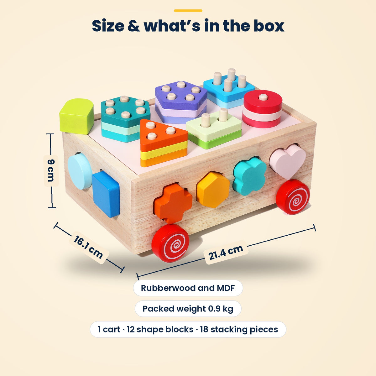 Wooden shape sorter – size 21.4 x 16.1 x 9 cm, rubberwood and MDF, what's in the box