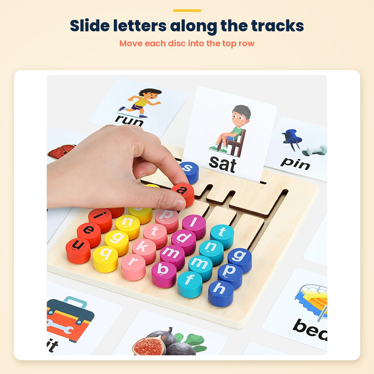 Vowel Letter Walk wooden spelling game – slide letters along the tracks