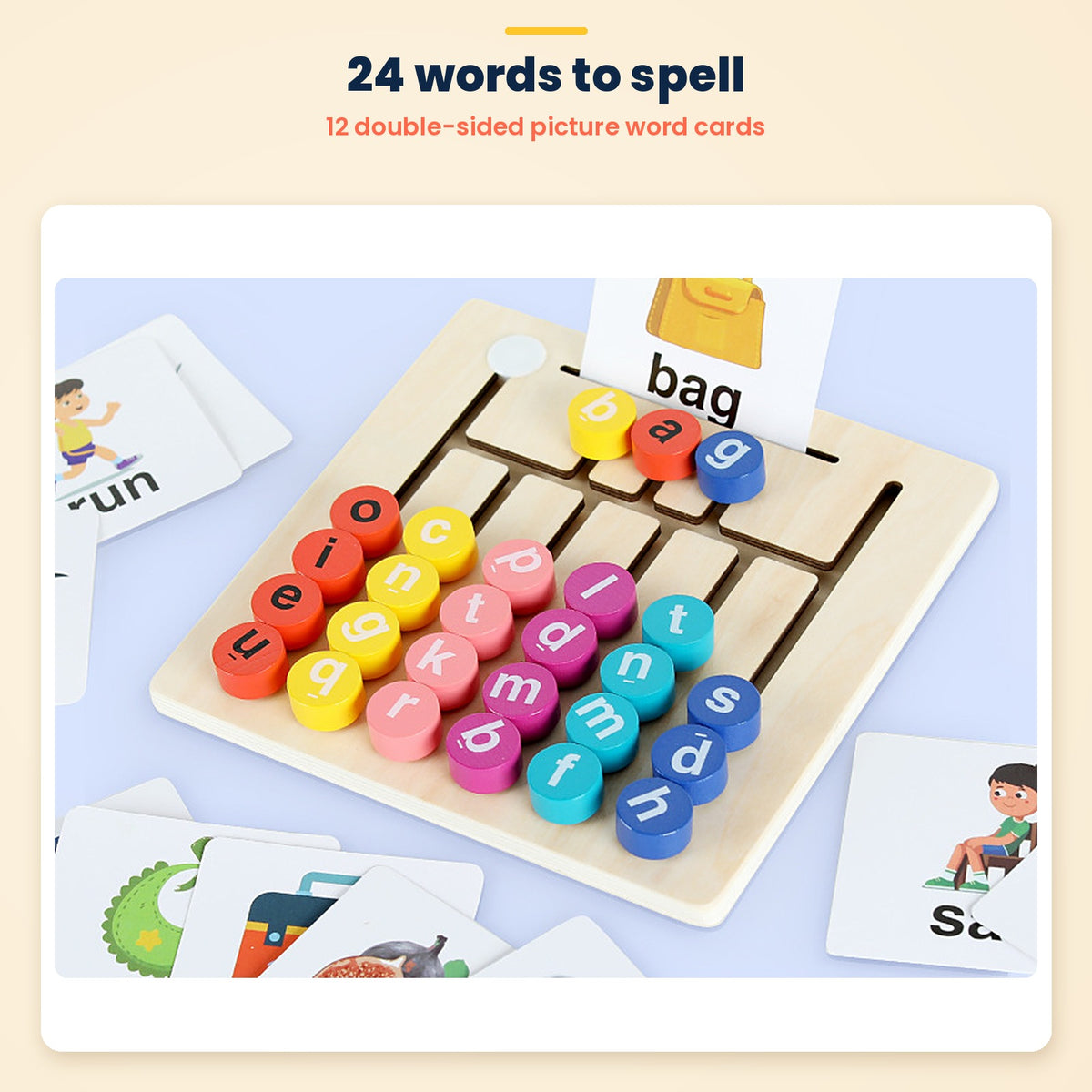 Vowel Letter Walk wooden spelling game – 24 words to spell on 12 double-sided cards