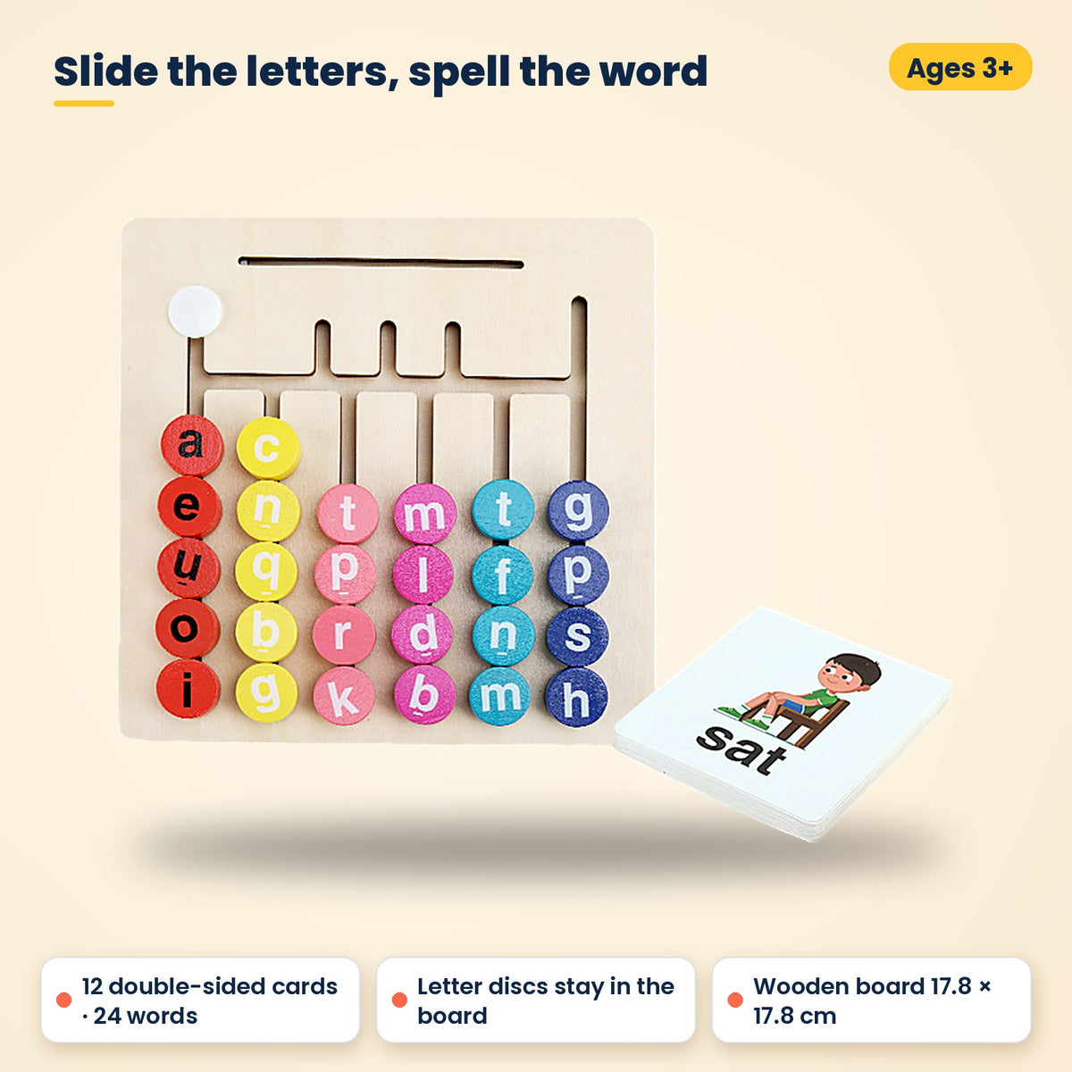 Vowel Letter Walk wooden spelling game – slide the letters to spell CVC words, ages 3+