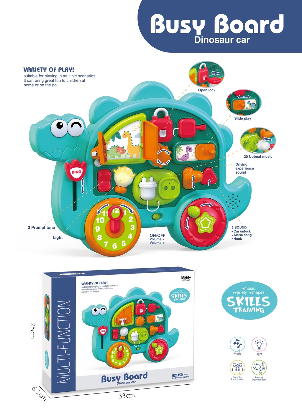 Busy Board Car Toy for Toddlers | Interactive Dinosaur Activity Board Sensory Learning Toy for 18M+